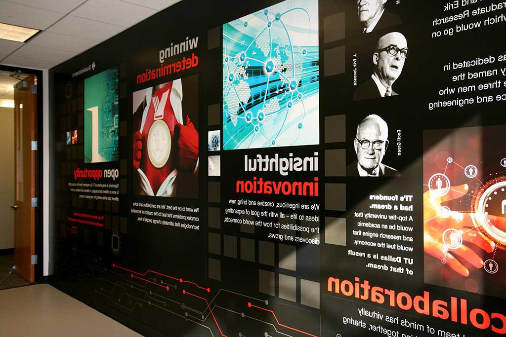 U.T. 设计工作室开业. 图片，墙具有明亮的图像和附带的文字.