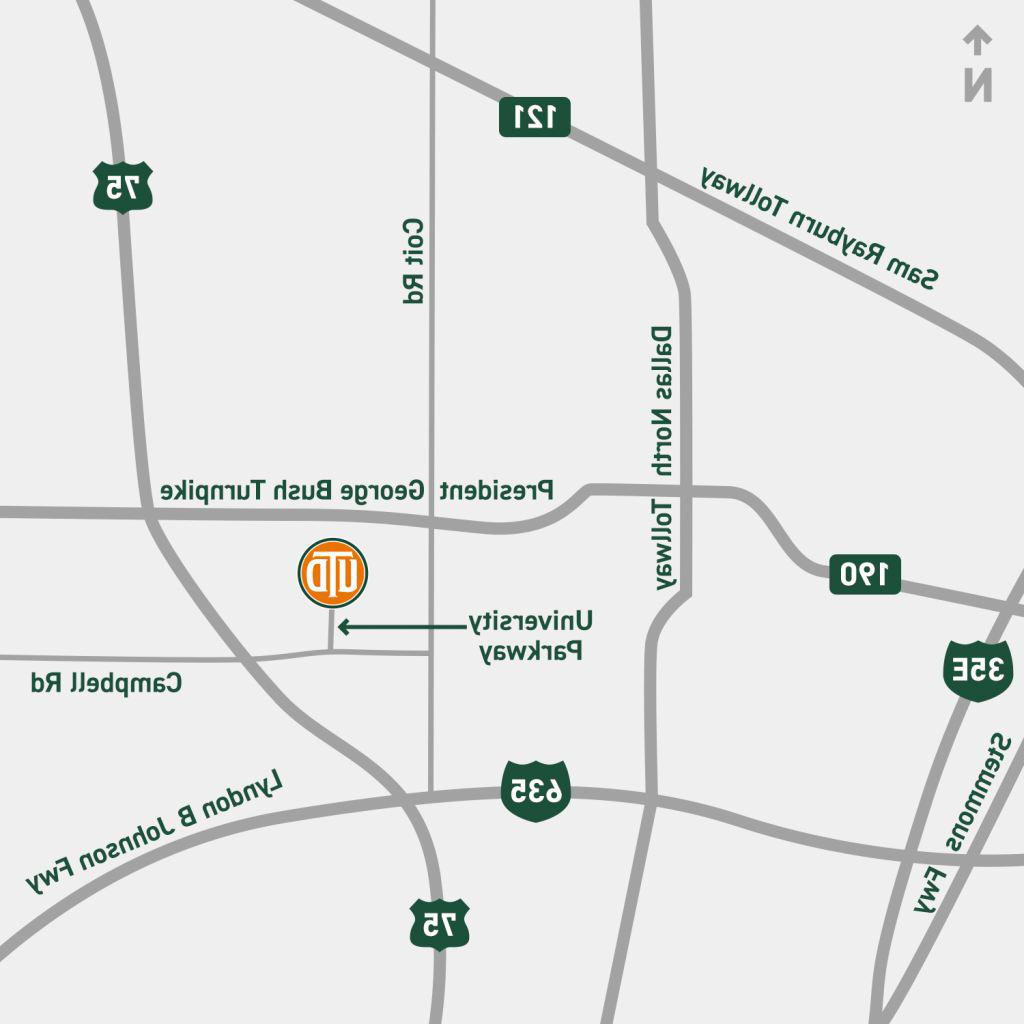 达拉斯德州大学周边地区和道路地图.